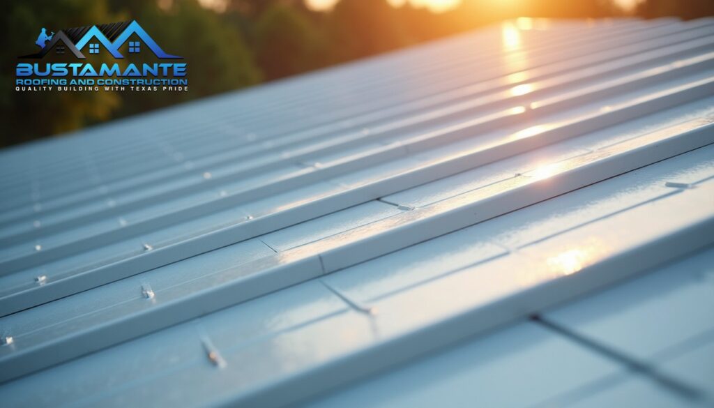 Elegant standing seam metal roof installation showing clean vertical lines and hidden fastener system, morning light highlighting the sleek professional finish, architectural detail photography emphasizing precision of seams, photorealistic.