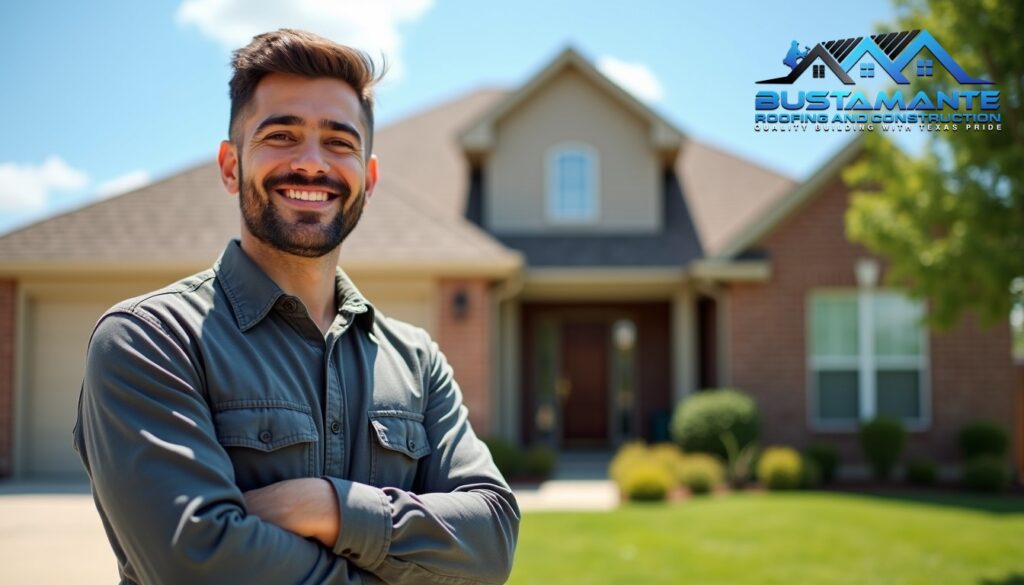 A friendly roofing professional in a company-branded shirt