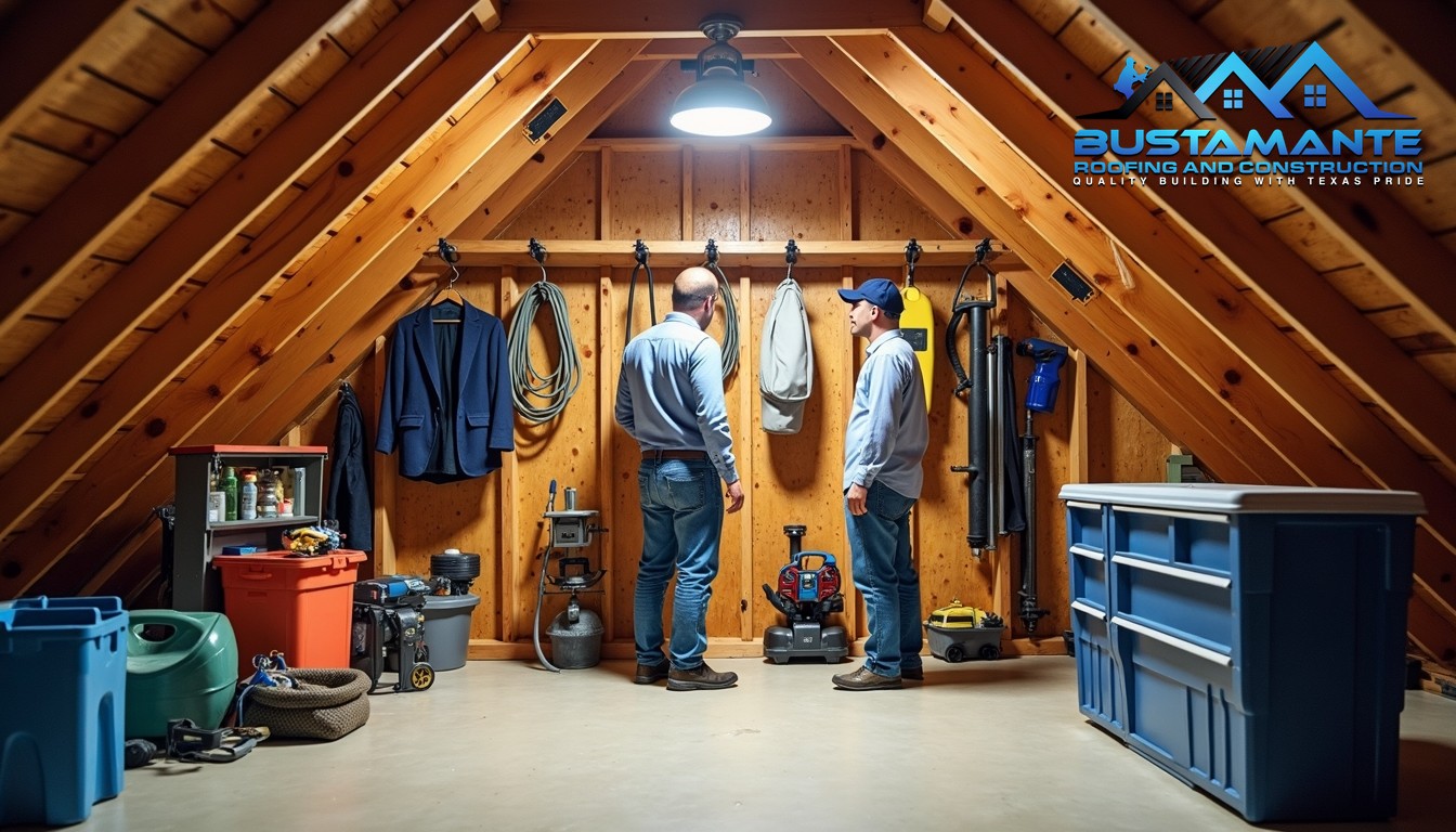 Well-organized attic storage space showing proper equipment storage techniques, visible roofing system elements, professional lighting highlighting organization and safety features, home organization photography style, photorealistic.