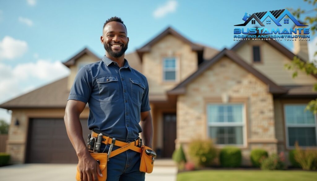 A friendly roofing professional in a company-branded shirt