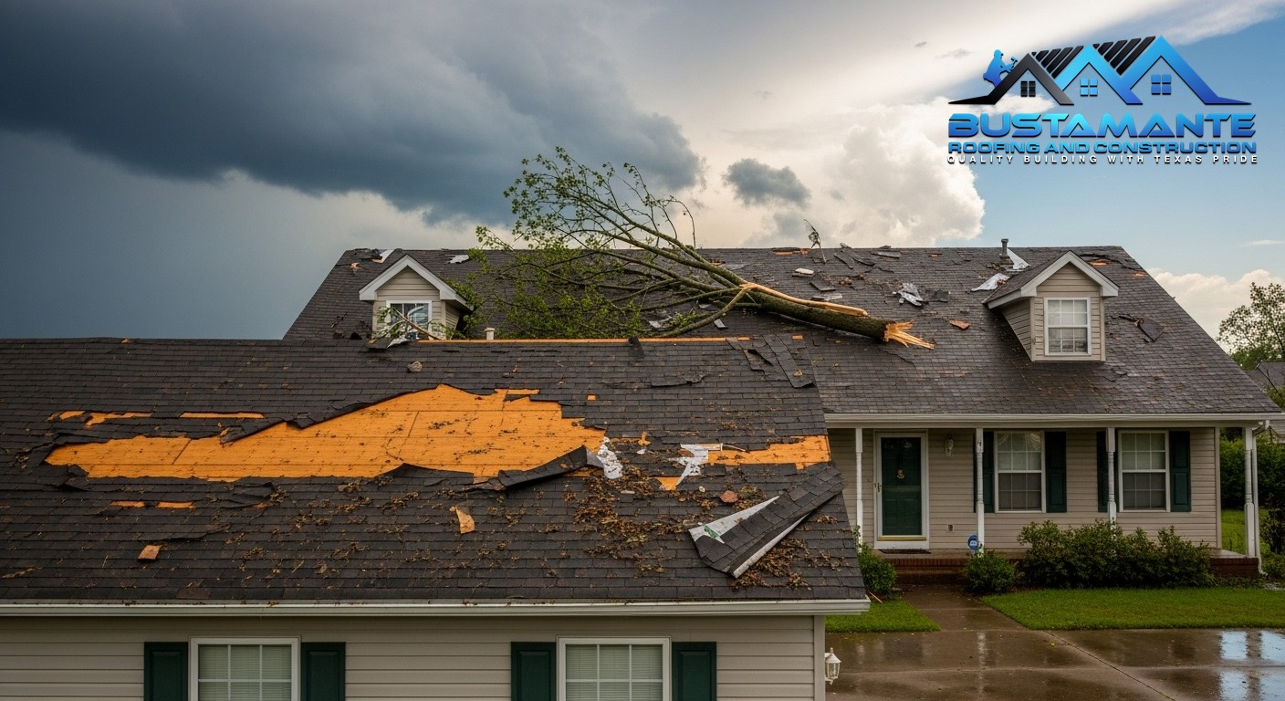 Residential roof showing visible storm damage