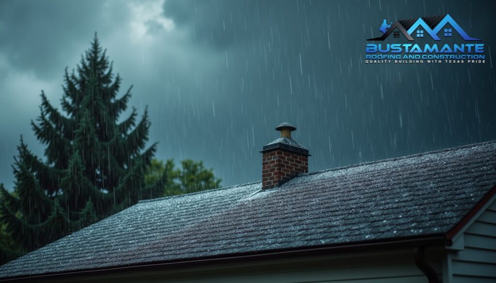 Hail and rain falling on an asphalt shingle roof of a nice American suburban home during a severe thunderstorm.