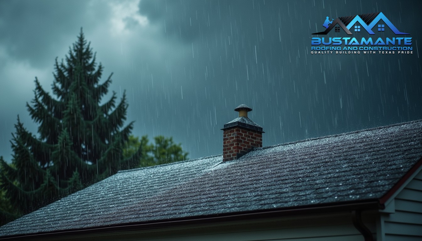 Hail and rain falling on an asphalt shingle roof of a nice American suburban home during a severe thunderstorm.