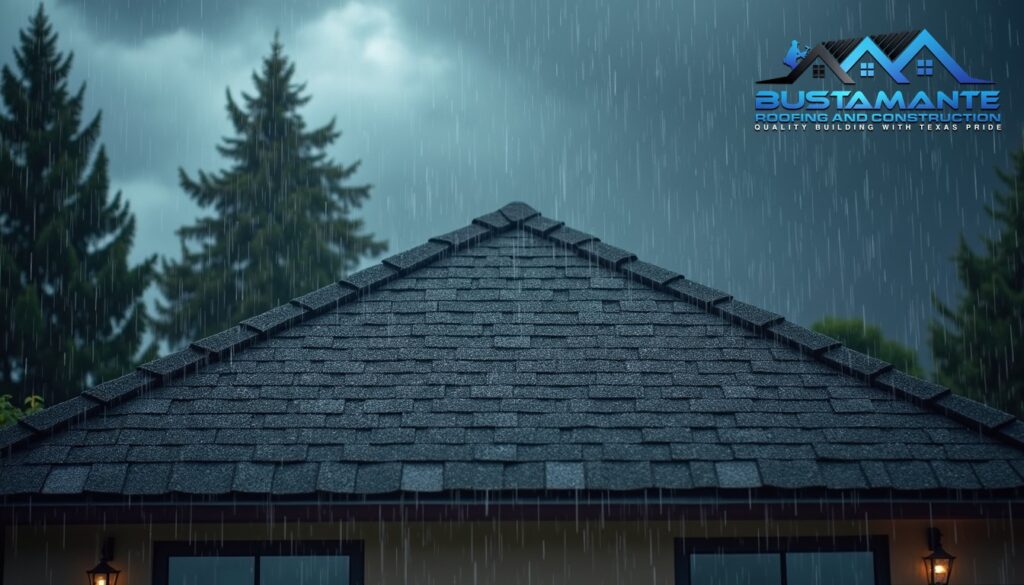 Hail and rain falling on an asphalt shingle roof of a nice American suburban home during a severe thunderstorm.