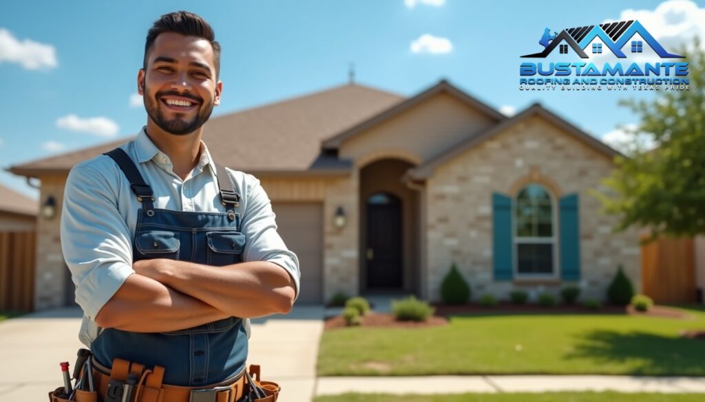A friendly roofing professional in a company-branded shirt