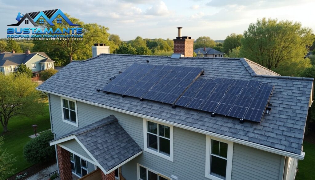 Modern home rooftop featuring seamless integration of solar panels, battery storage systems, and premium roofing materials, technical overlay showing energy flow, professional architectural photography, photorealistic.