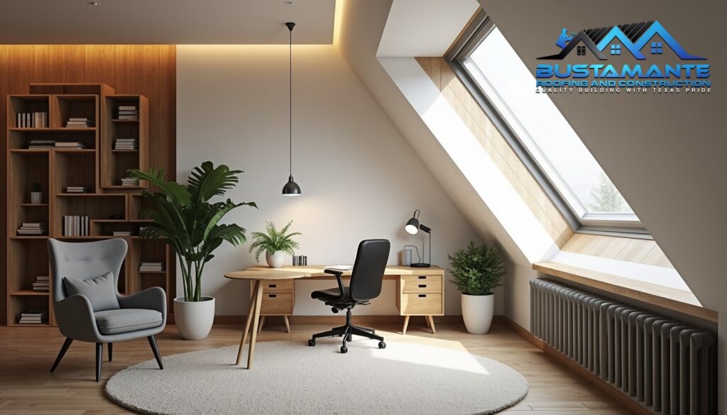 Professional home office space illuminated by strategically placed skylights, showing both the interior workspace and roofing elements, soft natural lighting emphasizing productivity-focused design, architectural photography style, photorealistic.