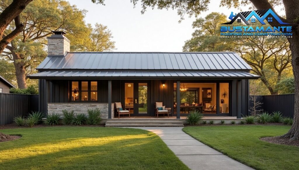 Contemporary home with standing seam metal roof, morning light reflecting off the clean lines, sustainable modern architecture, minimal landscaping, focus on the sleek metal panels and clean installation lines