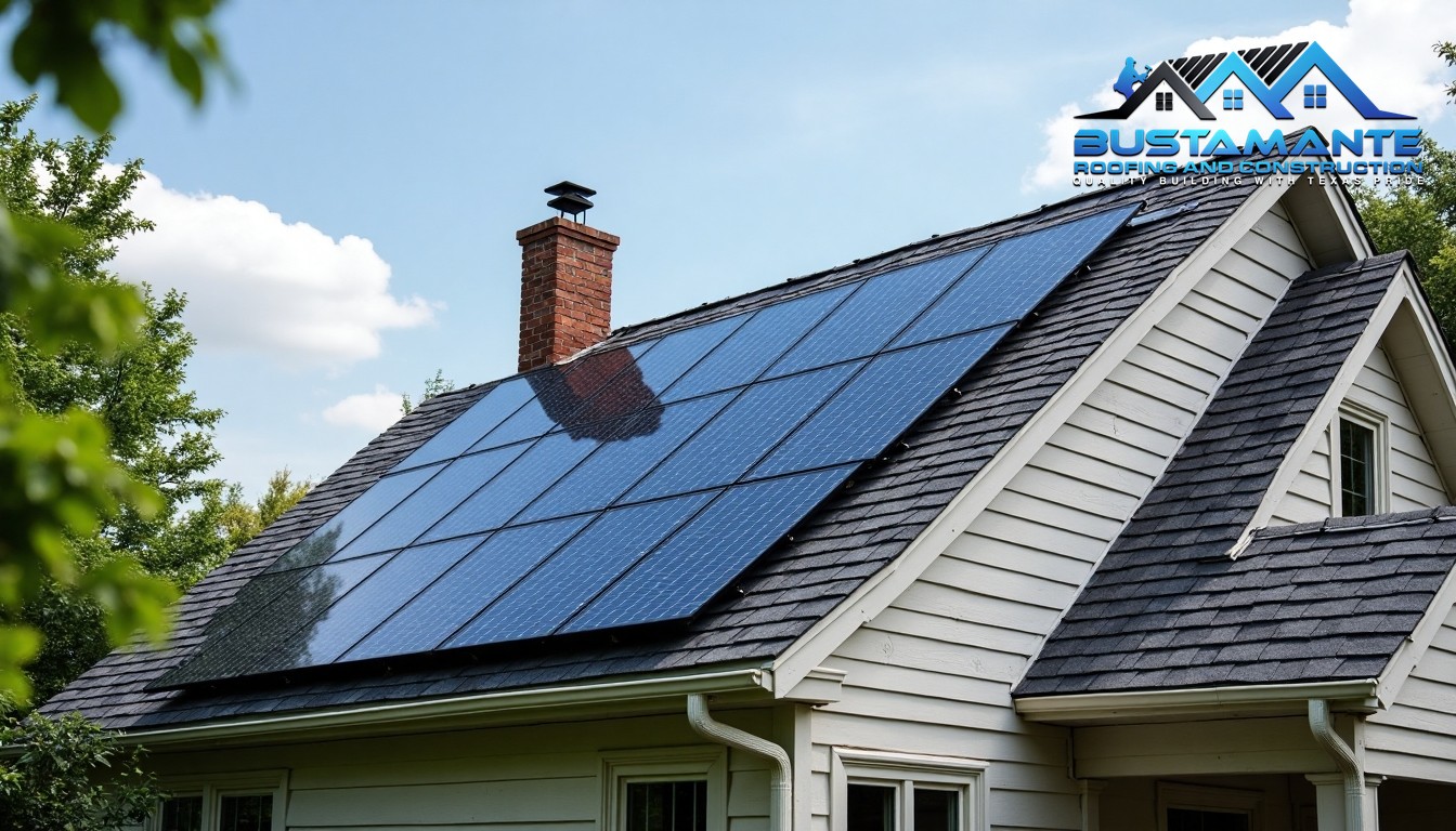 Modern home rooftop featuring seamless integration of solar panels, battery storage systems, and premium roofing materials, technical overlay showing energy flow, professional architectural photography, photorealistic.