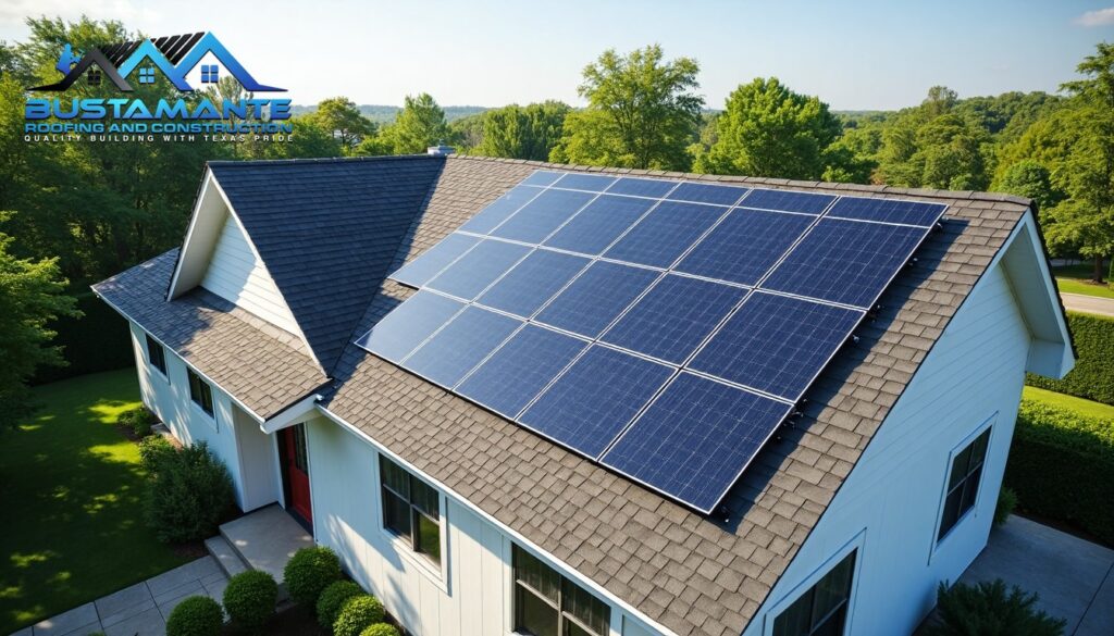 Modern home rooftop featuring seamless integration of solar panels, battery storage systems, and premium roofing materials, technical overlay showing energy flow, professional architectural photography, photorealistic.