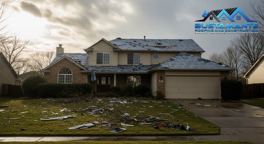 Residential roof showing visible storm damage