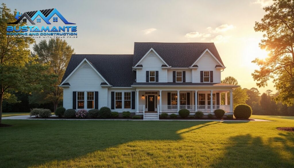 A friendly roofing professional in a company-branded shirt