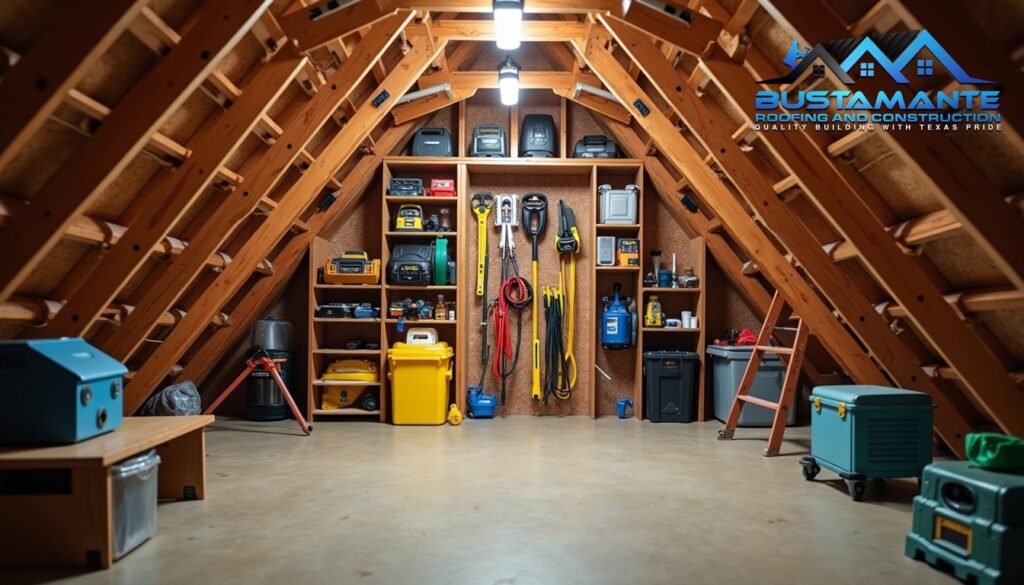 Well-organized attic storage space showing proper equipment storage techniques, visible roofing system elements, professional lighting highlighting organization and safety features, home organization photography style, photorealistic.