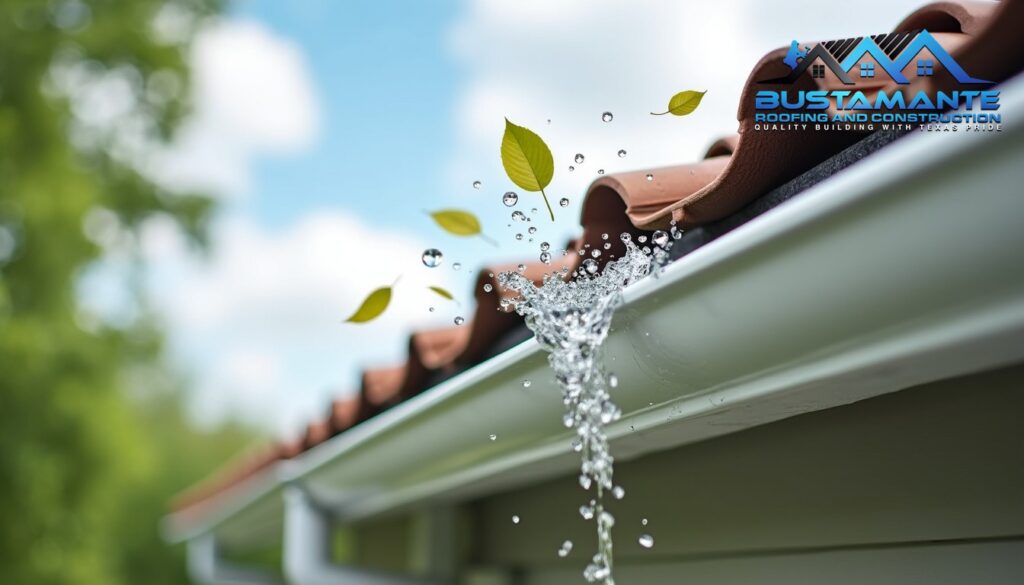 Close-up perspective of a modern gutter system with advanced gutter guards installed, showing clean water flow, leaves being deflected, pristine white or copper gutters, professional installation quality, partly cloudy sky background