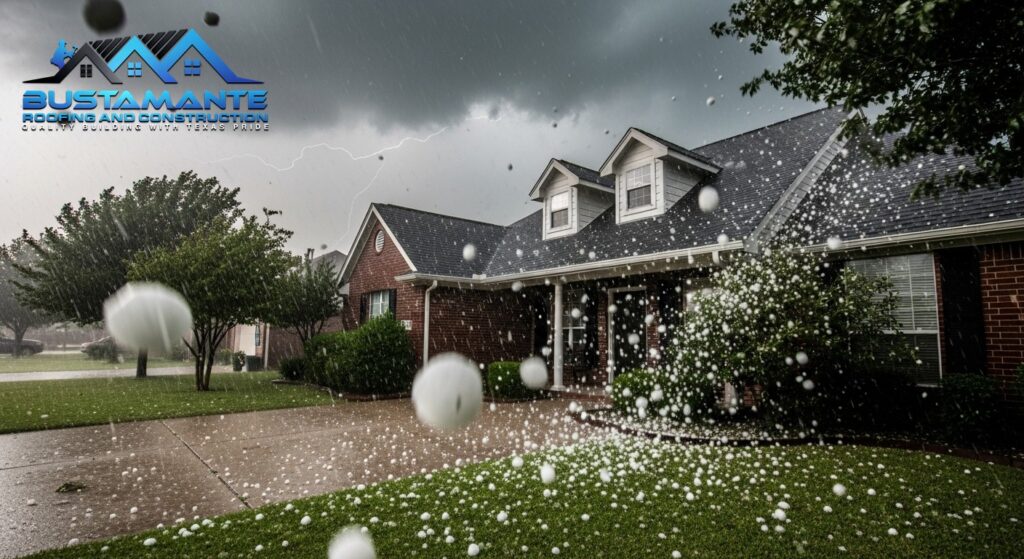 Hail and rain falling on an asphalt shingle roof of a nice American suburban home during a severe thunderstorm.