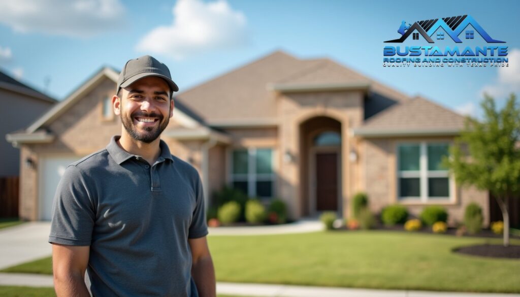 A friendly roofing professional in a company-branded shirt