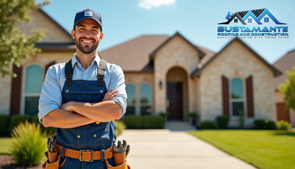 A friendly roofing professional in a company-branded shirt