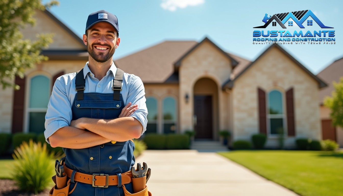 A friendly roofing professional in a company-branded shirt