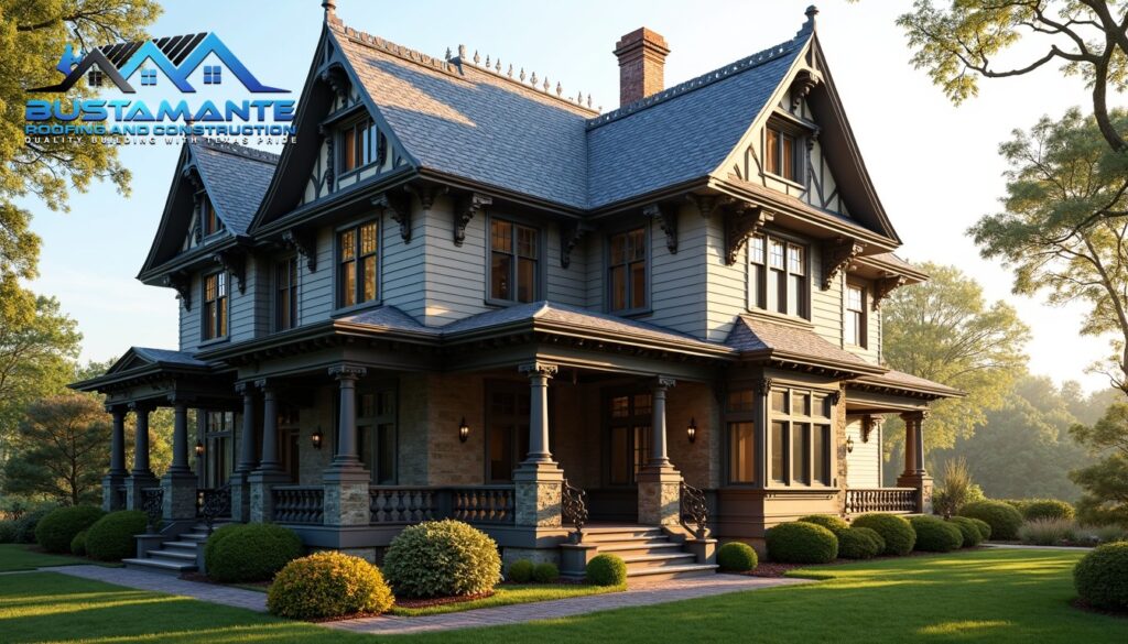 Beautifully restored Victorian-era home with intricate roof details and period-appropriate materials, morning light highlighting the craftsmanship of restored slate and decorative elements, heritage architecture style, photorealistic.