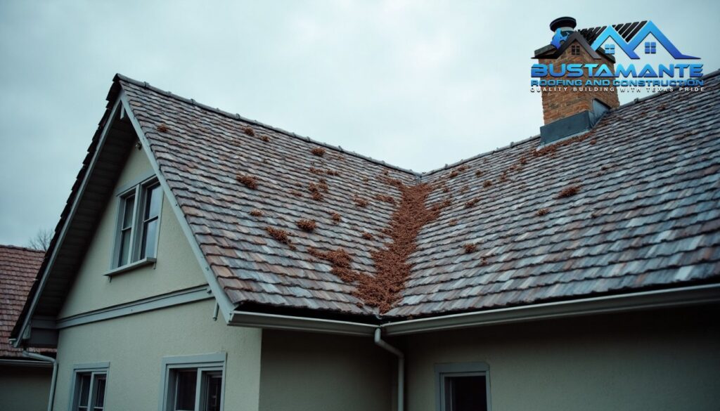 Residential roof showing visible storm damage