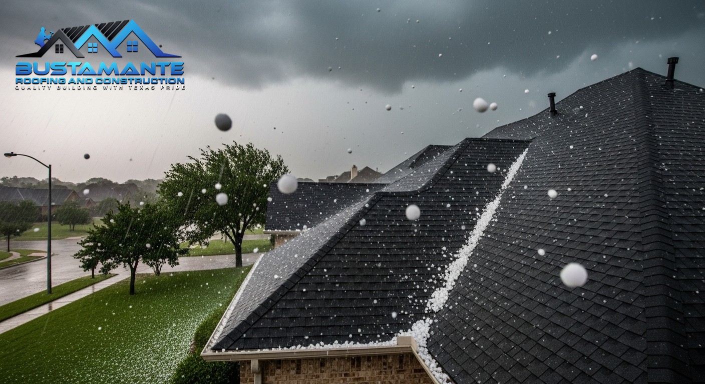 Hail and rain falling on an asphalt shingle roof of a nice American suburban home during a severe thunderstorm.
