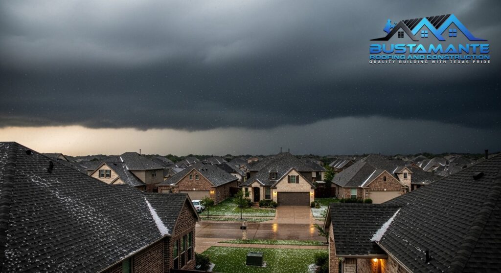 Hail and rain falling on an asphalt shingle roof of a nice American suburban home during a severe thunderstorm.