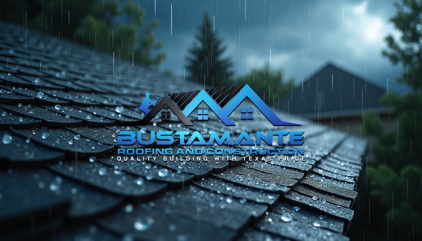 Hail and rain falling on an asphalt shingle roof of a nice American suburban home during a severe thunderstorm.