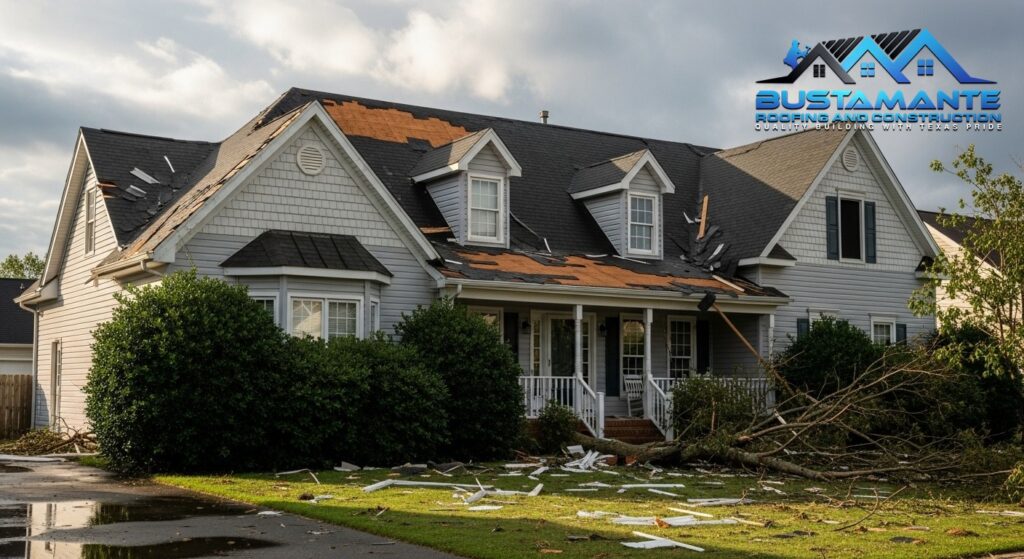 Residential roof showing visible storm damage