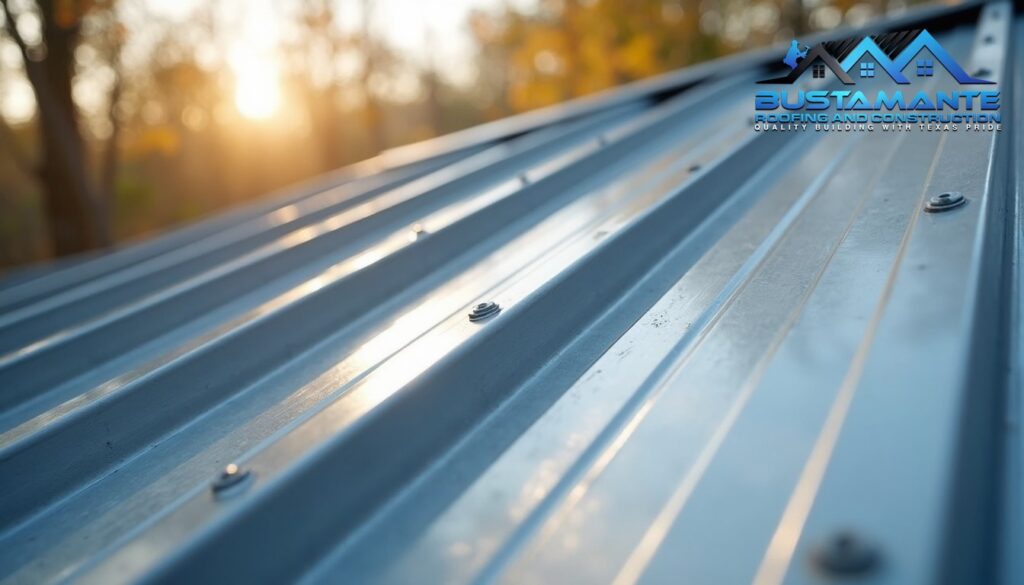 Elegant standing seam metal roof installation showing clean vertical lines and hidden fastener system, morning light highlighting the sleek professional finish, architectural detail photography emphasizing precision of seams, photorealistic.