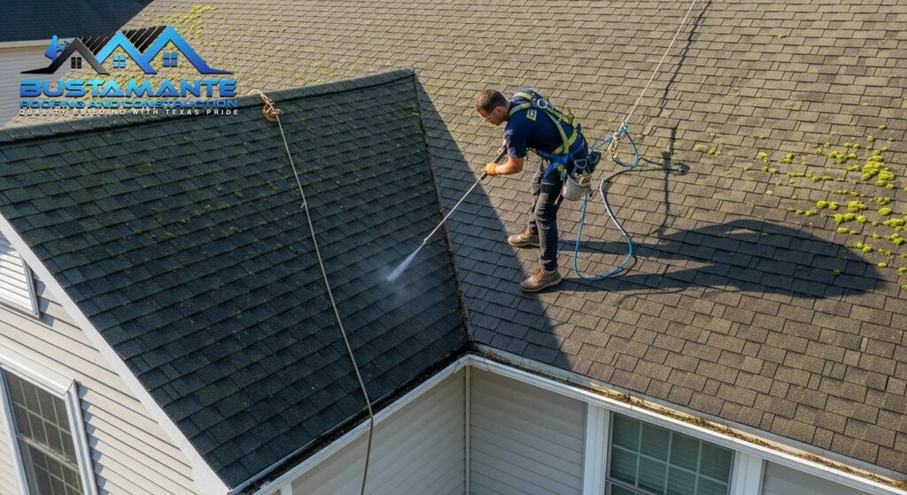 Professional roof cleaning in progress
