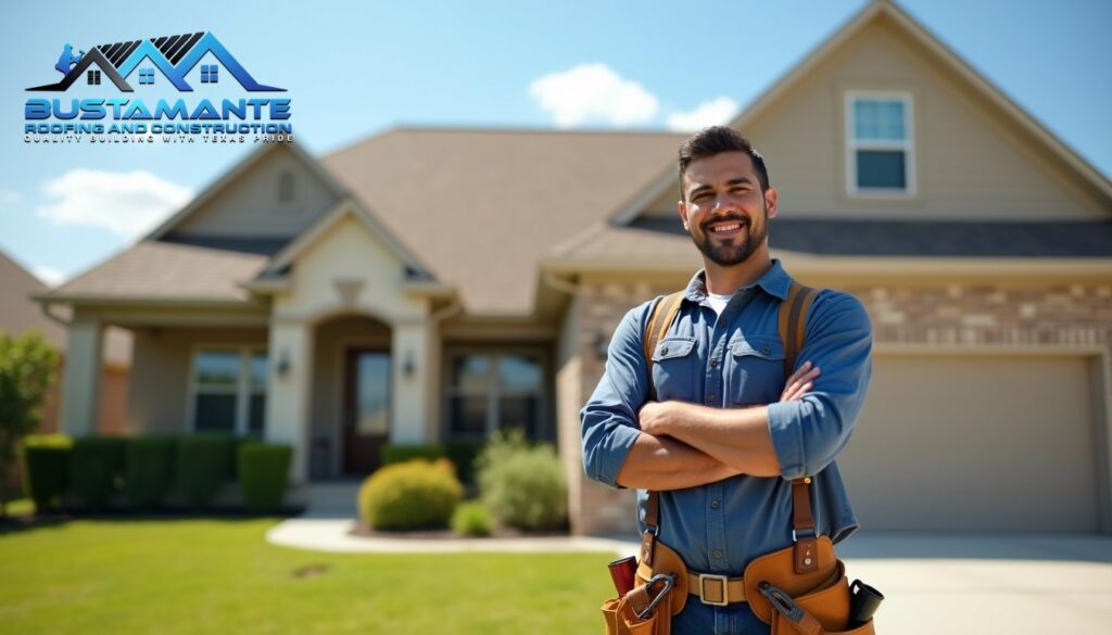A friendly roofing professional in a company-branded shirt