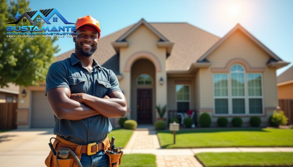 A friendly roofing professional in a company-branded shirt