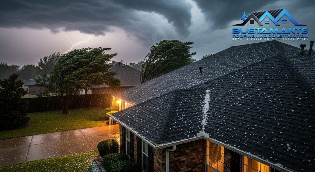 Hail and rain falling on an asphalt shingle roof of a nice American suburban home during a severe thunderstorm.