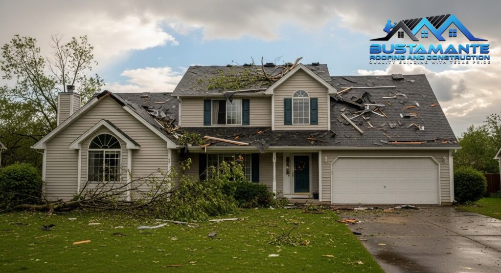 Residential roof showing visible storm damage