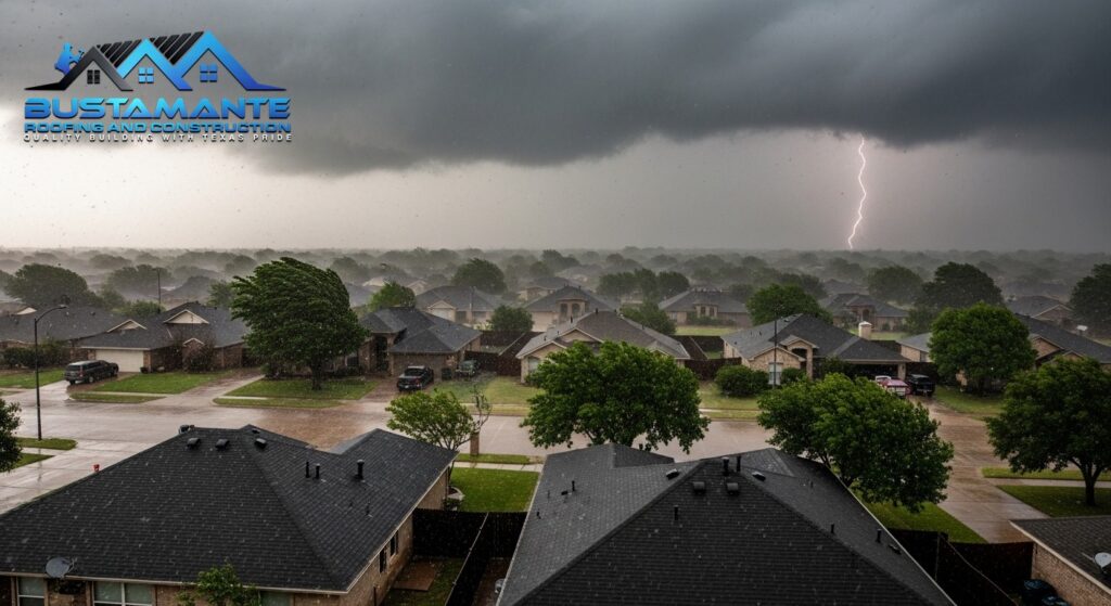 Hail and rain falling on an asphalt shingle roof of a nice American suburban home during a severe thunderstorm.