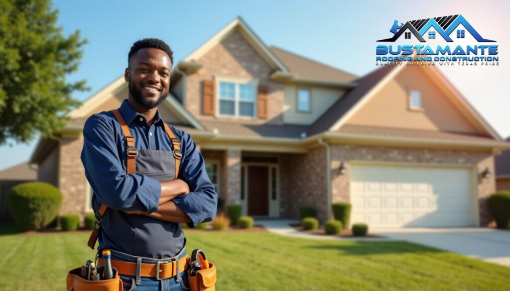 A friendly roofing professional in a company-branded shirt