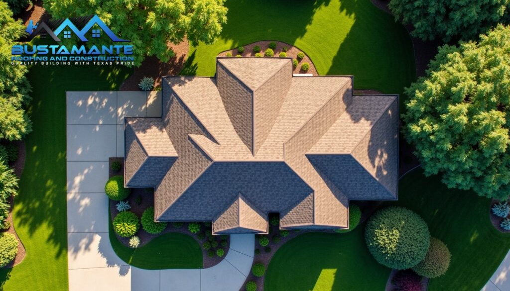 Aerial view of a well-maintained home with strategic tree placement, showing dappled shade on the roof while maintaining safe distance, professional landscaping, clean composition showing both protection and aesthetic benefits