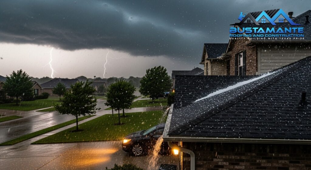 Hail and rain falling on an asphalt shingle roof of a nice American suburban home during a severe thunderstorm.