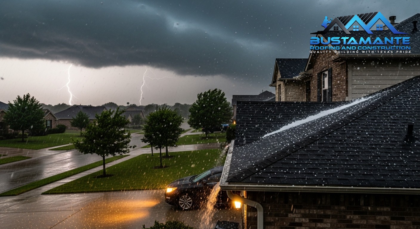 Hail and rain falling on an asphalt shingle roof of a nice American suburban home during a severe thunderstorm.