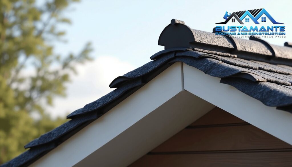 Roof ridge, premium roofing materials, architectural photography style, photorealistic.