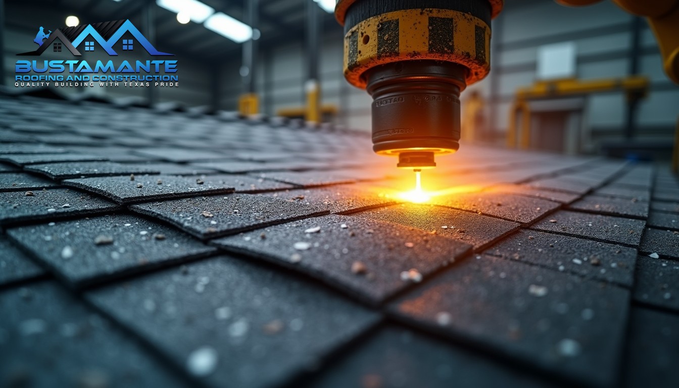 High-end impact-resistant shingles being tested in a professional testing facility, dramatic lighting highlighting the material's durability, technical and professional atmosphere, photorealistic.