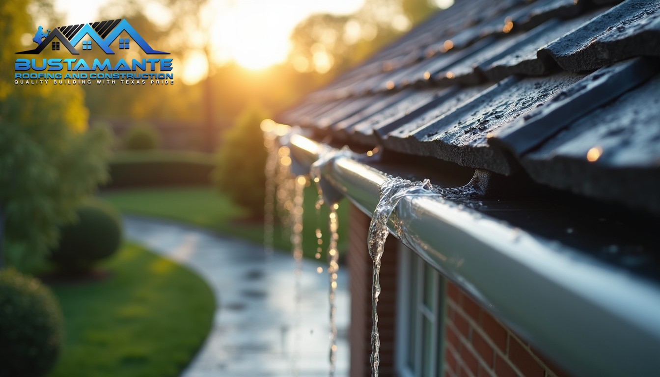 Modern gutter system with integrated leaf guards on a high-end residential home, water flowing smoothly through the advanced drainage features, early morning light emphasizing the system's sleek design, photorealistic.
