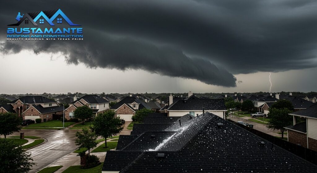 Hail and rain falling on an asphalt shingle roof of a nice American suburban home during a severe thunderstorm.