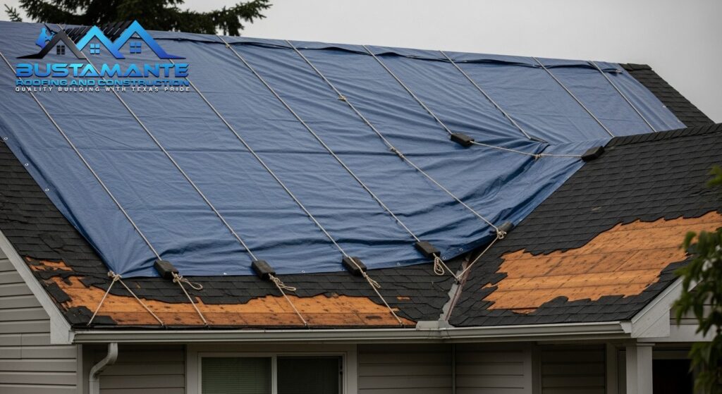 Blue tarp temporarily covering damaged section of residential roof