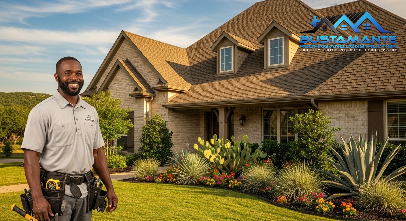 A friendly roofing professional in a company-branded shirt