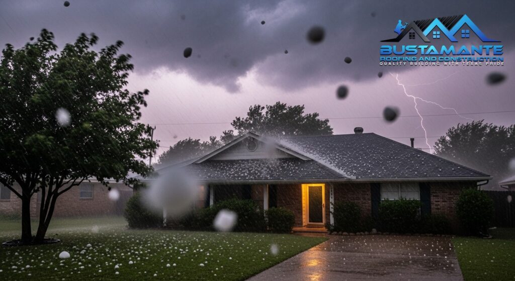 Hail and rain falling on an asphalt shingle roof of a nice American suburban home during a severe thunderstorm.