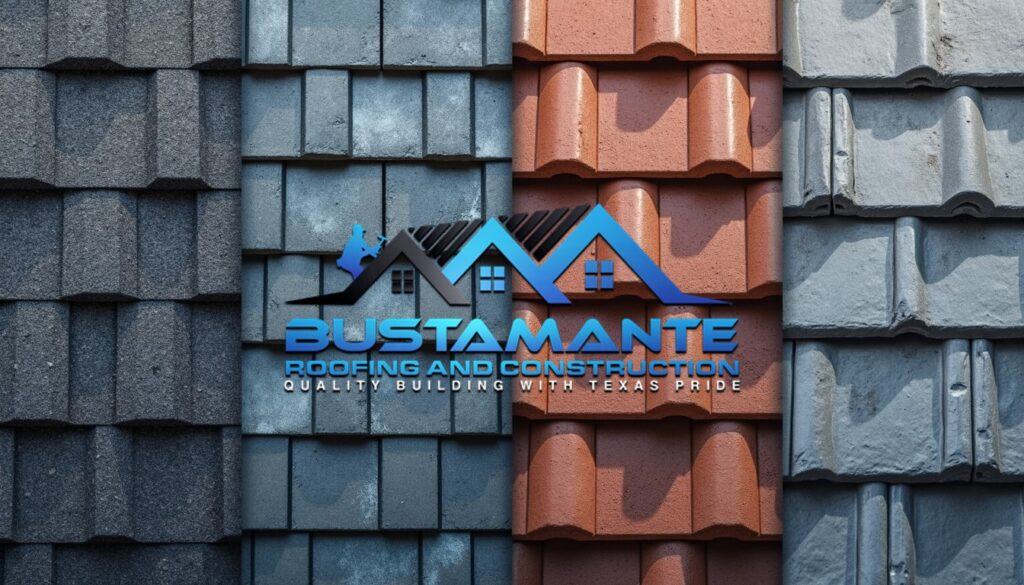 Professional composition showing four different roofing materials in a grid layout - asphalt shingles, metal, slate, and synthetic materials, each section well-lit to show texture and material quality, educational comparison style