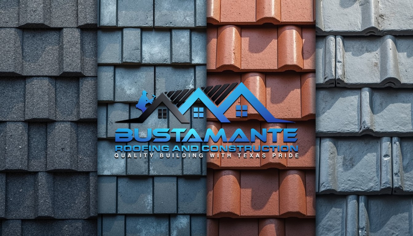 Professional composition showing four different roofing materials in a grid layout - asphalt shingles, metal, slate, and synthetic materials, each section well-lit to show texture and material quality, educational comparison style