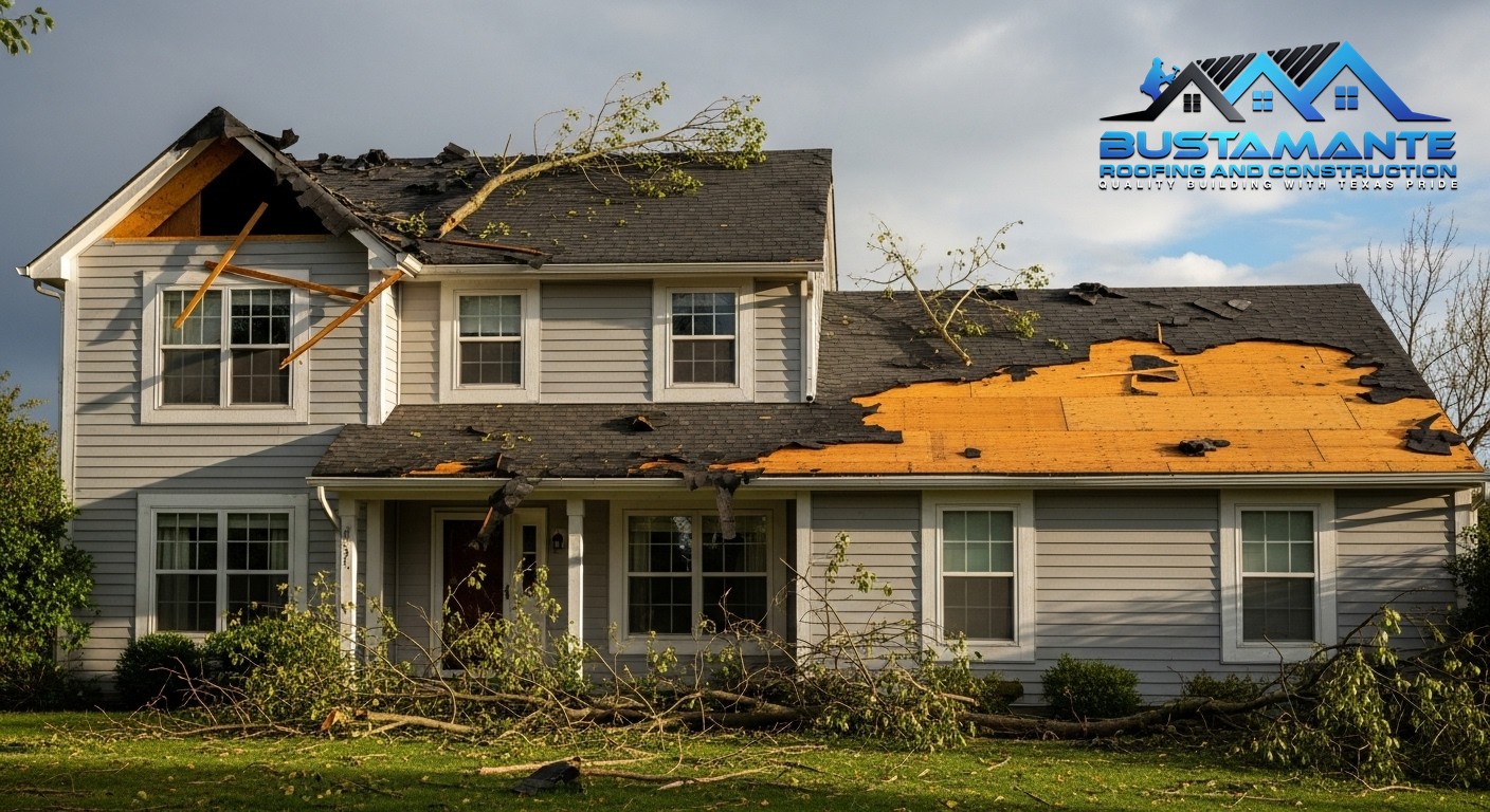 Residential roof showing visible storm damage