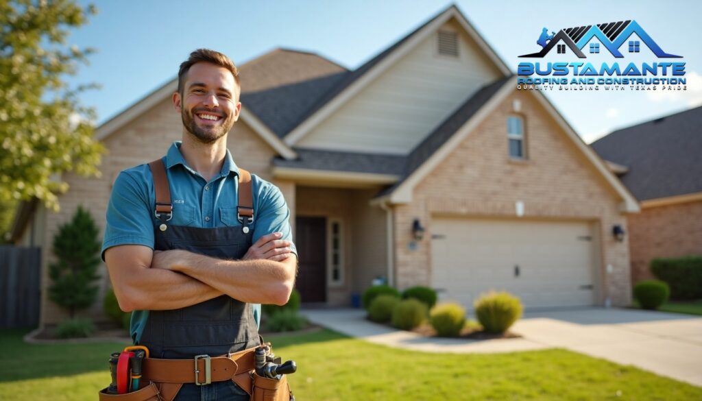 A friendly roofing professional in a company-branded shirt